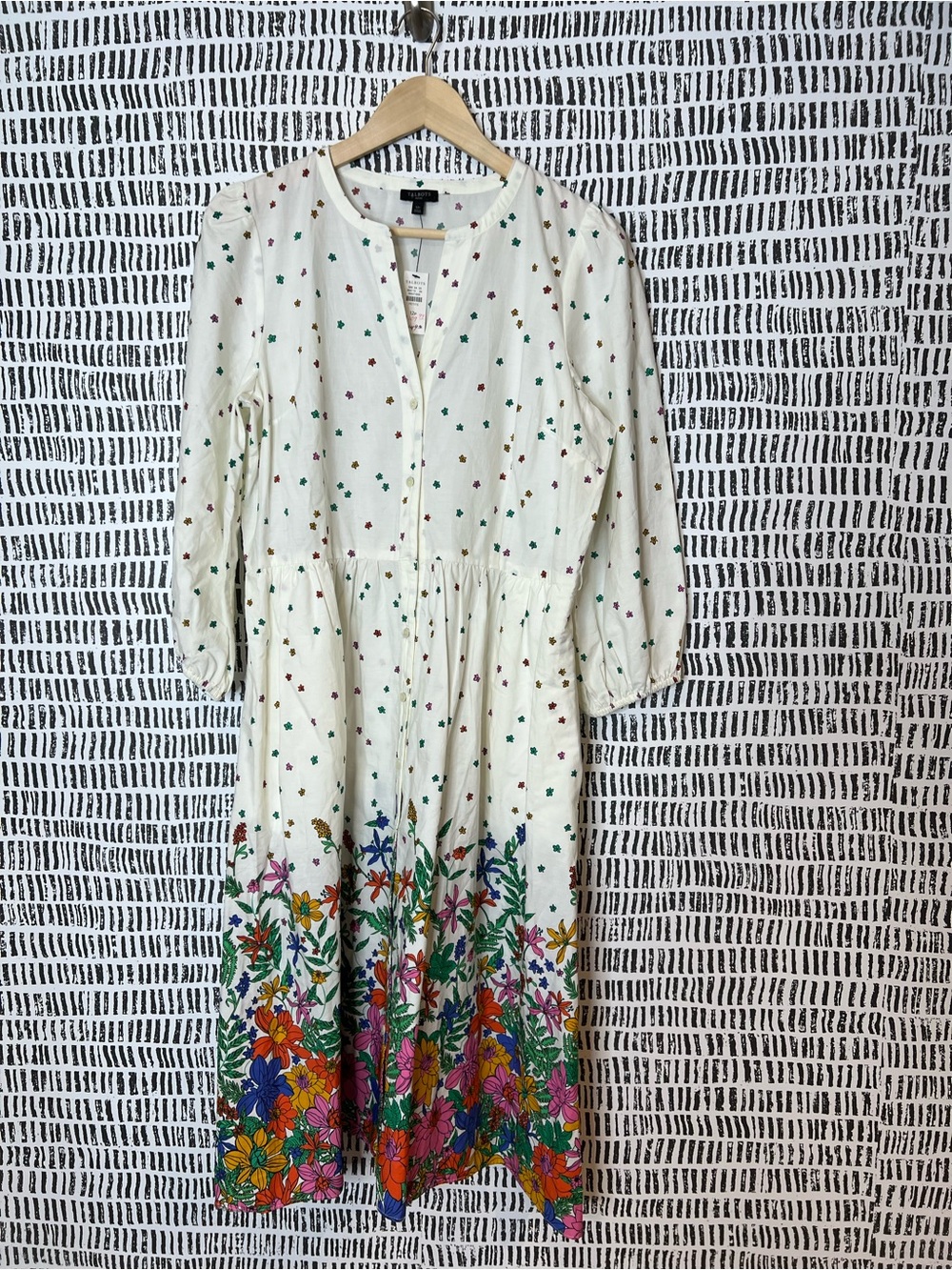 Talbots Floral Border Print Midi Dress White Cottagecore Tie Waist Dress - Picture 2 of 14